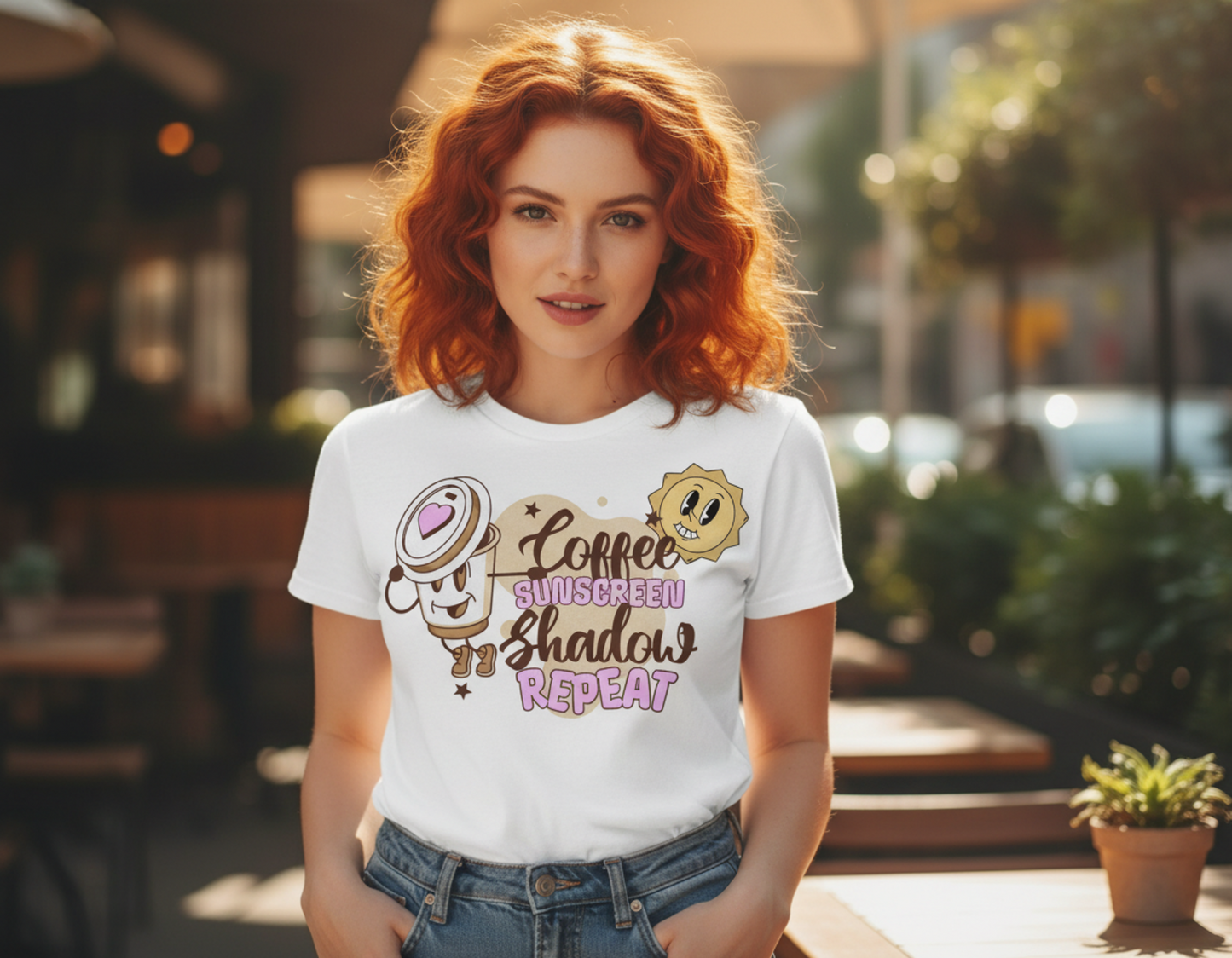 Coffee Sunscreen Shadow Repeat – Cute Summer Graphic Tee